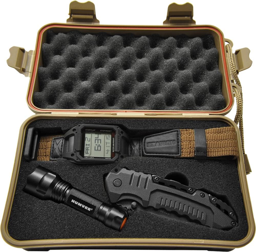 Humvee #HMV-RCN-RM1 kit de misión Recon con reloj digital, cuchillo y linterna táctica LED, negro y tostado