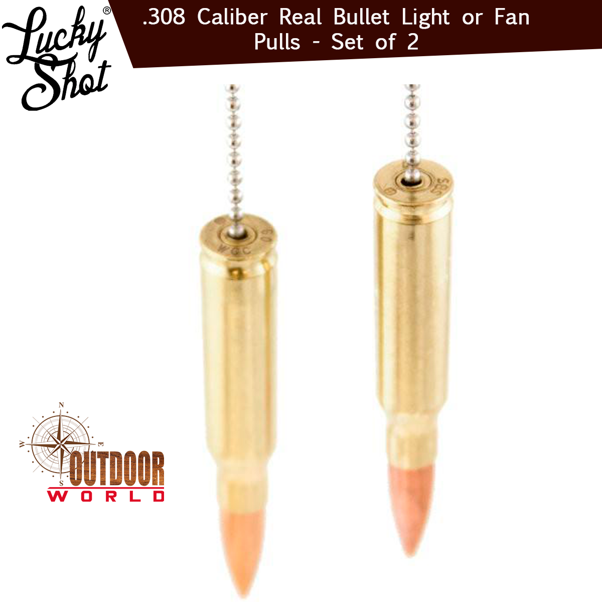 LSLP-308 / .308 Caliber Real Bullet Light or Fan  Pulls - Set of 2