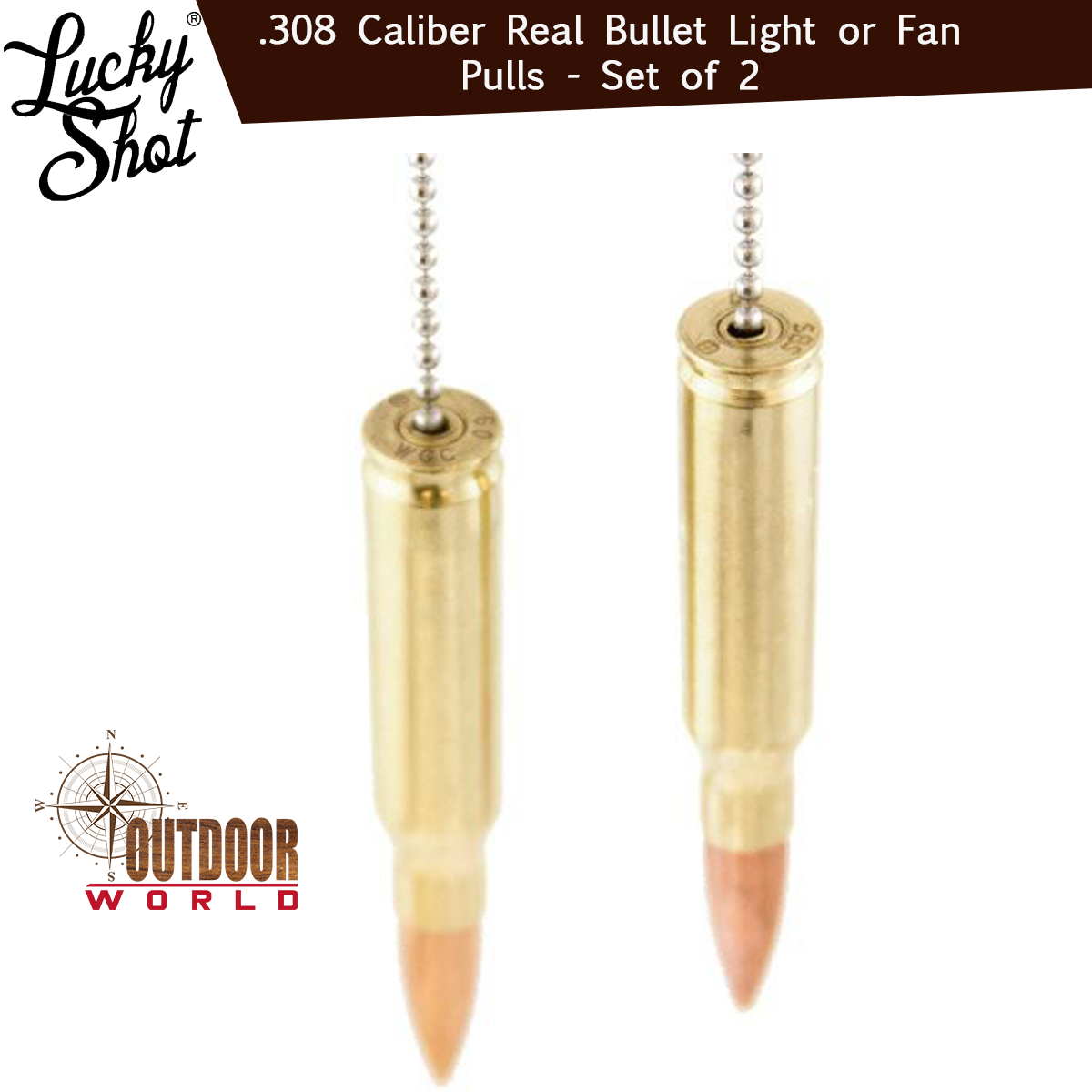 LSLP-308 / .308 Caliber Real Bullet Light or Fan  Pulls - Set of 2