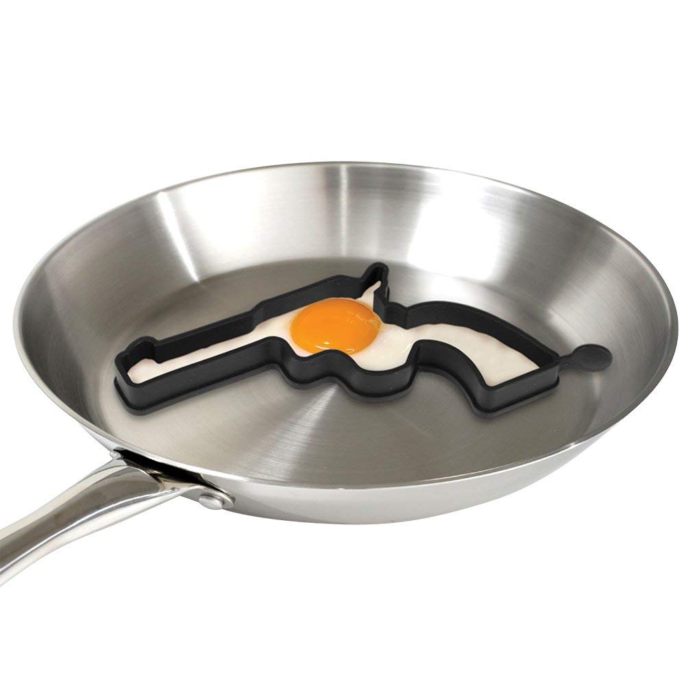 #CBG-1006  Caliber Gourmet Fired Eggs Egg Mold, shaped like a gun, 100% silicone, blac