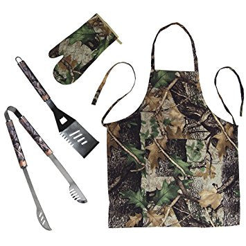 RIVERS EDGE BBQ TOOL APRON OVEN CAMO 4 PIECE MITT SET W/ BOTTLE OPENER