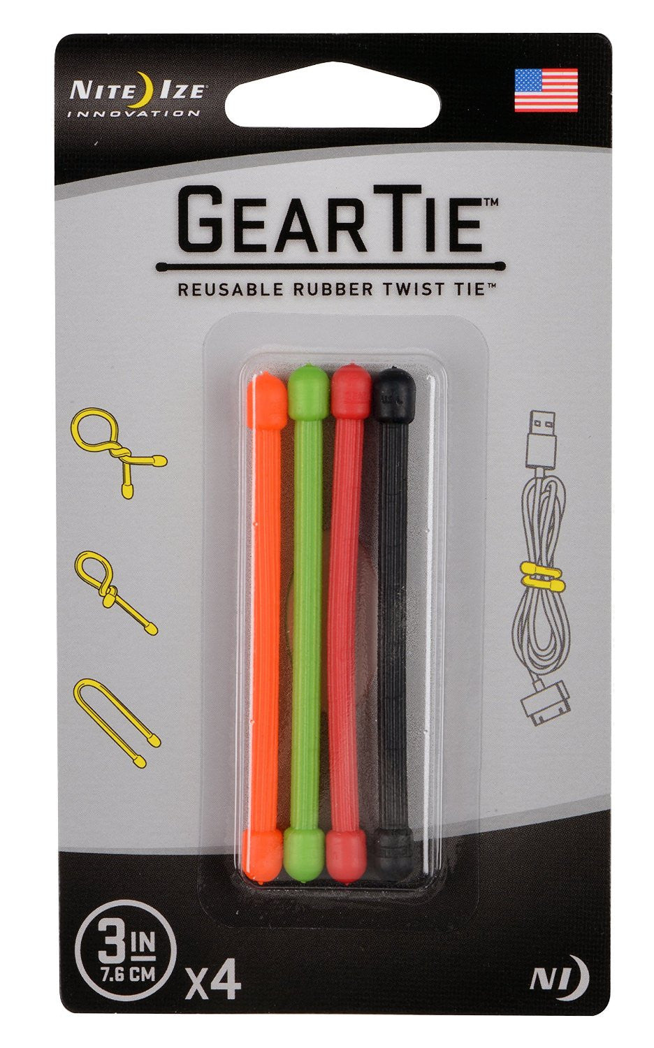 Nite Ize GT3-4PK-A1 Gear Tie Reusable 3-Inch Rubber Twist Tie, Assorted Colors
