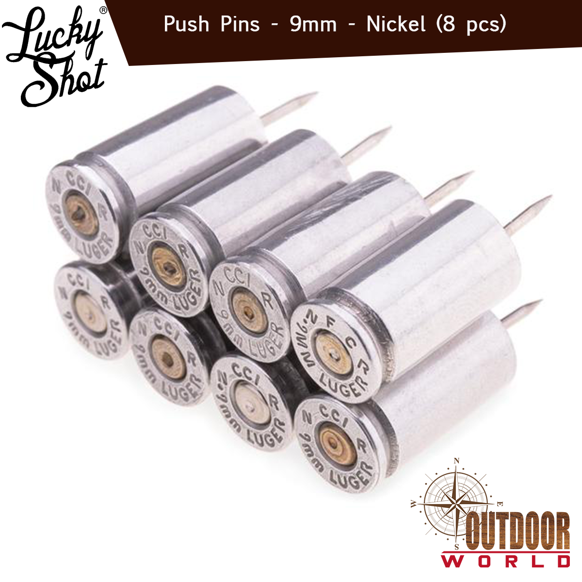 LSPP-9N / 9MM Bullet Push Pins (Pack of 8) - Nickel