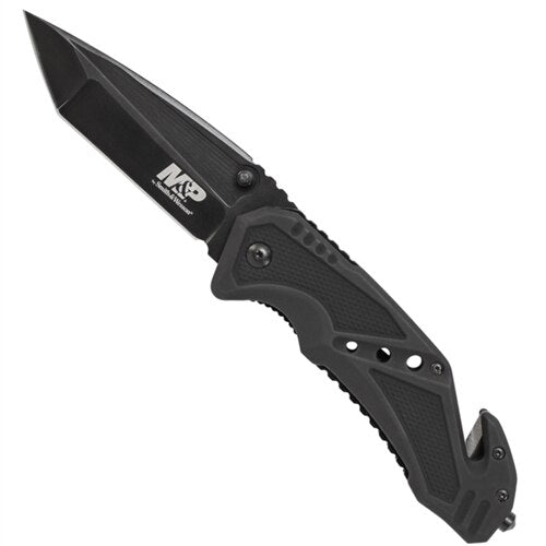 SWMP11B M&P Folding Knife 3.87" Black Tanto Blade, Aluminum Handles, Strap Cutter, Glass Breaker