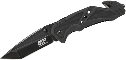SWMP11B M&P Folding Knife 3.87" Black Tanto Blade, Aluminum Handles, Strap Cutter, Glass Breaker